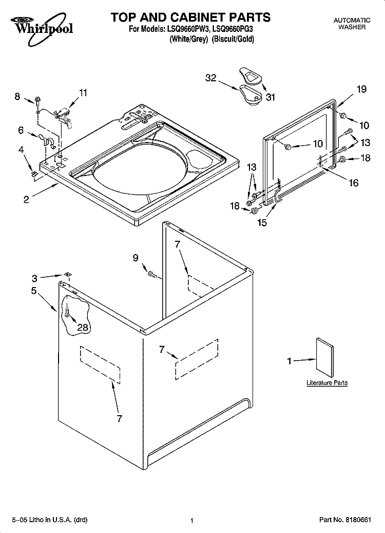 TOP AND CABINET PARTS Diagram and Parts List for LSQ9660PG3  Whirlpool Washer