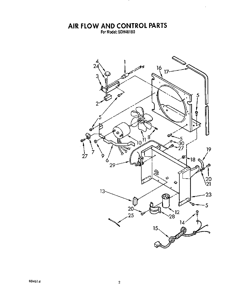 AIR FLOW AND CONTROL Diagram and Parts List for SDH481B0  Whirlpool Dehumidifier