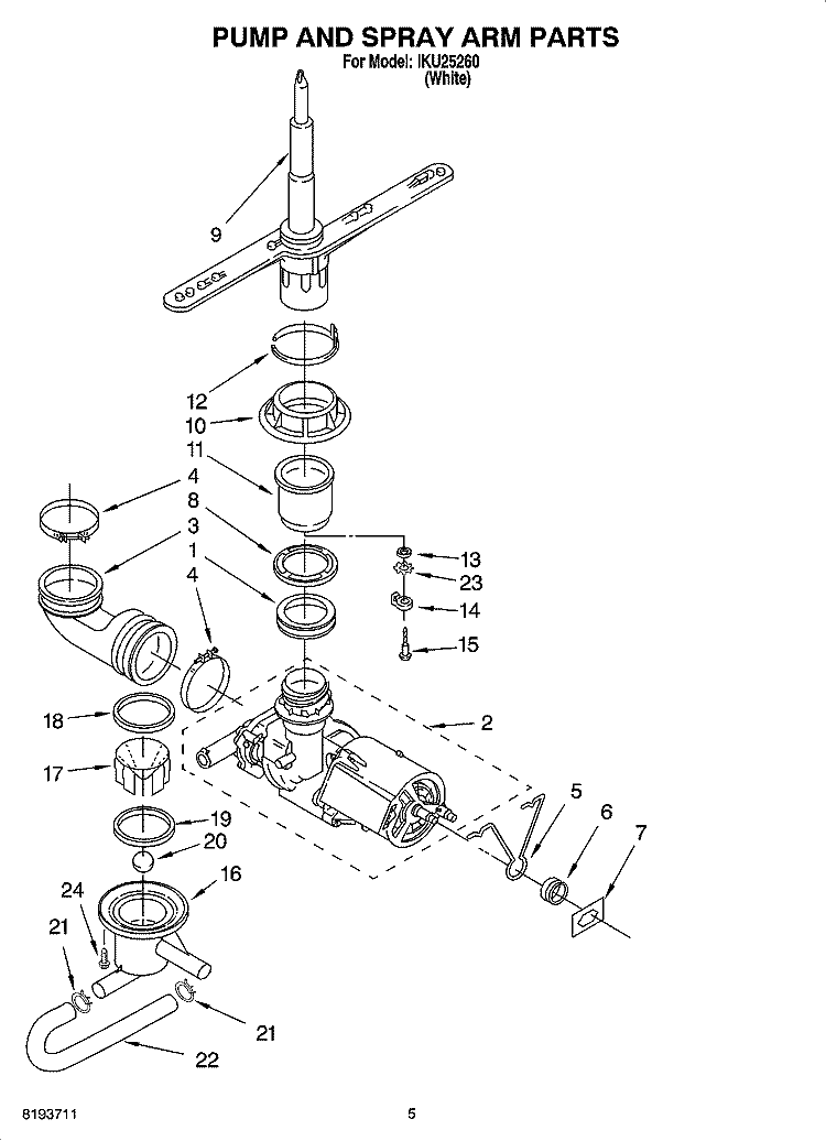 PUMP AND SPRAY ARM PARTS Diagram and Parts List for IKU25260  Inglis Dishwasher