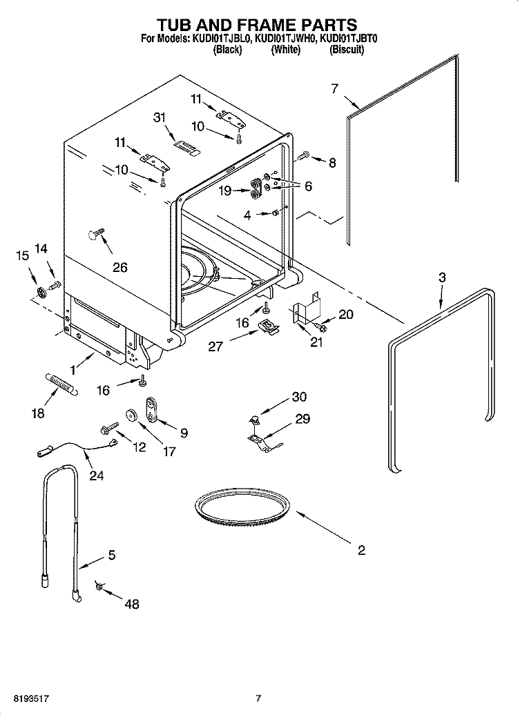 TUB AND FRAME PARTS Diagram and Parts List for KUDI01TJBL0  KitchenAid Dishwasher