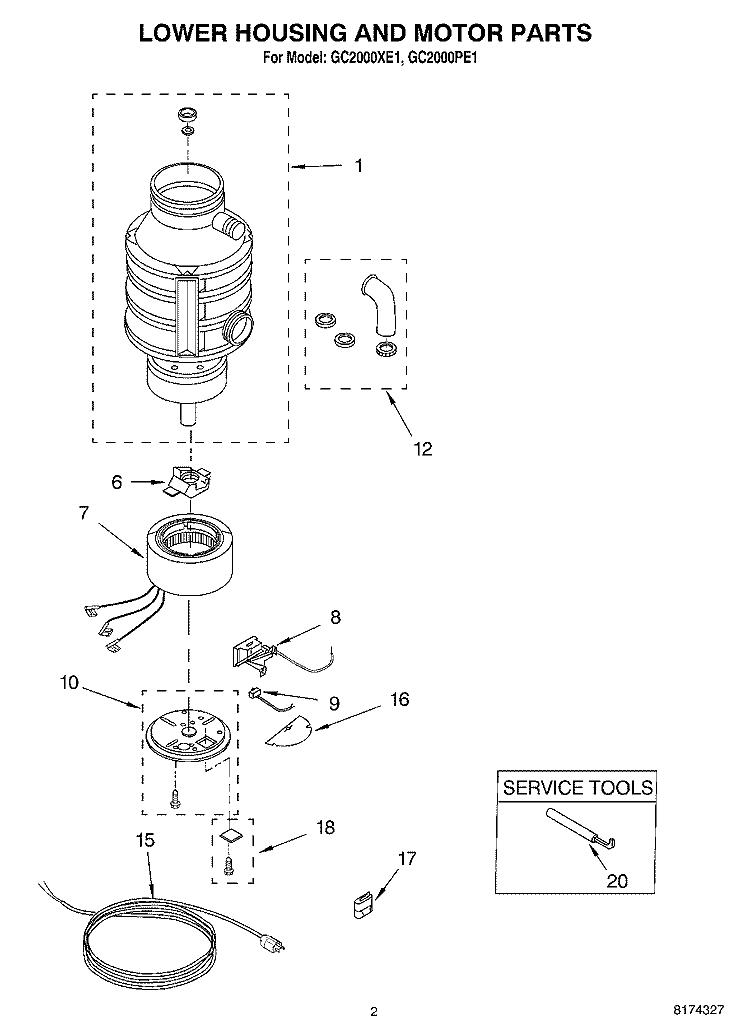 SECTION Diagram and Parts List for GC2000PE1  Whirlpool Food Waste Disposer