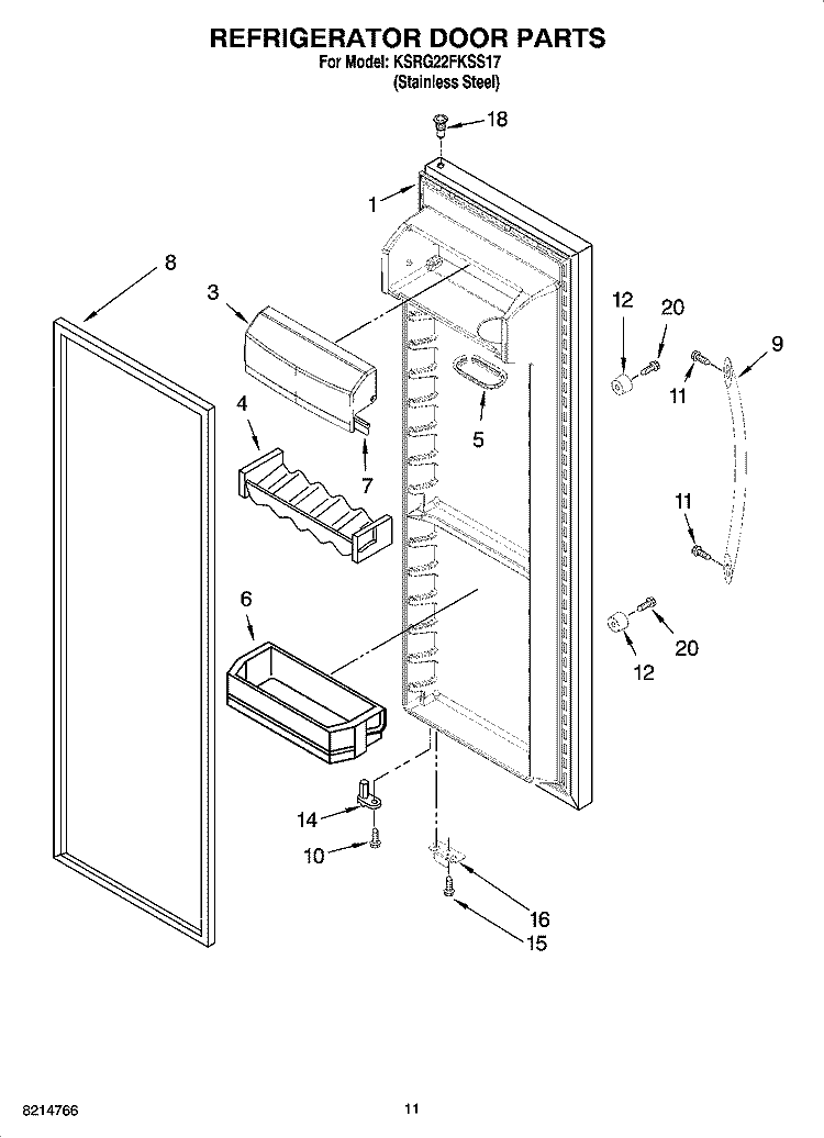 REFRIGERATOR DOOR PARTS Diagram and Parts List for KSRG22FKSS17  KitchenAid Refrigerator