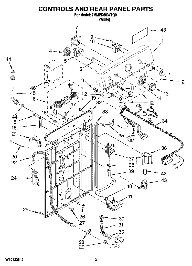 CONTROLS AND REAR PANEL PARTS Diagram and Parts List for 7MMPD6634TQ0  Whirlpool Washer