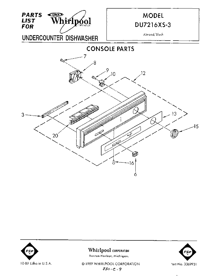 CONSOLE Diagram and Parts List for DU7216XS3  Whirlpool Dishwasher