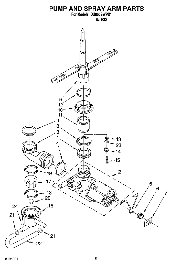 PUMP AND SPRAY ARM PARTS Diagram and Parts List for DU850SWPU1  Whirlpool Dishwasher