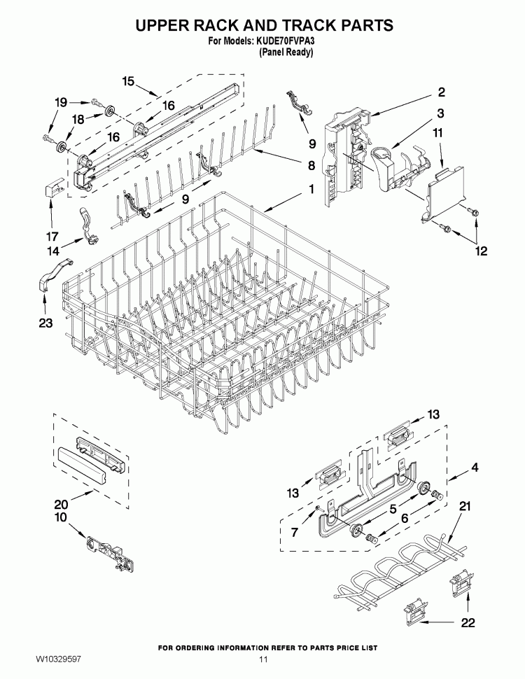 UPPER RACK AND TRACK PARTS Diagram and Parts List for KUDE70FVPA3  KitchenAid Dishwasher