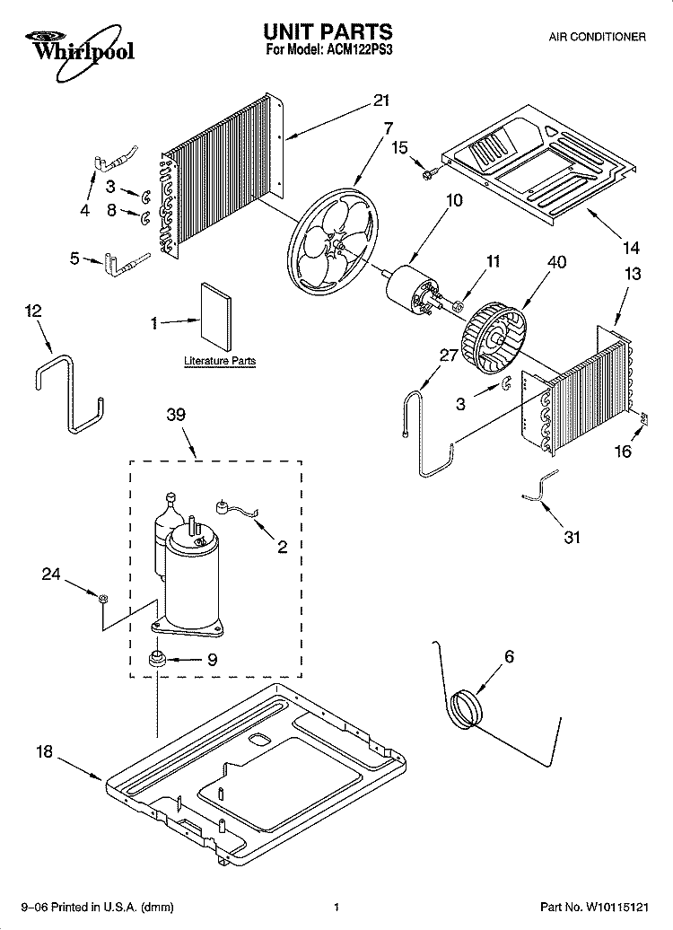 UNIT PARTS Diagram and Parts List for ACM122PS3  Whirlpool Air Conditioner