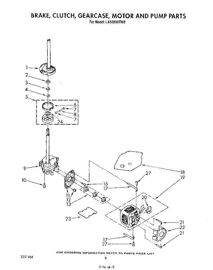BRAKE, CLUTCH, GEARCASE, MOTOR AND PUMP Diagram and Parts List for LA5580XTN0  Whirlpool Washer