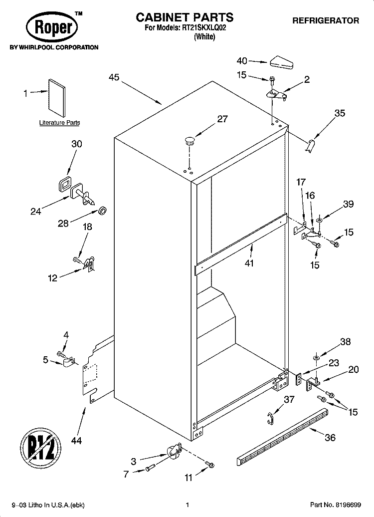 CABINET PARTS Diagram and Parts List for RT21SKXLQ02  Roper Refrigerator