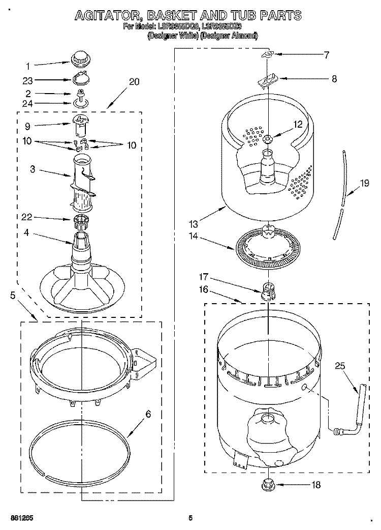 AGITATOR, BASKET AND TUB Diagram and Parts List for LSR9355DZ0  Whirlpool Washer