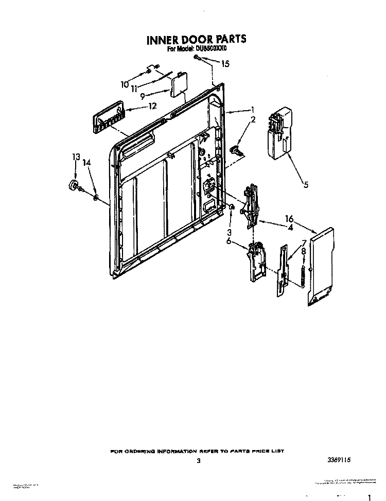 INNER DOOR Diagram and Parts List for DU8500XX0  Whirlpool Dishwasher