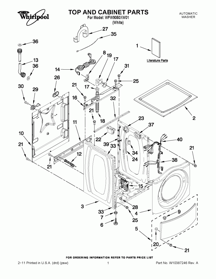 TOP AND CABINET PARTS Diagram and Parts List for WFW9050XW01  Whirlpool Washer