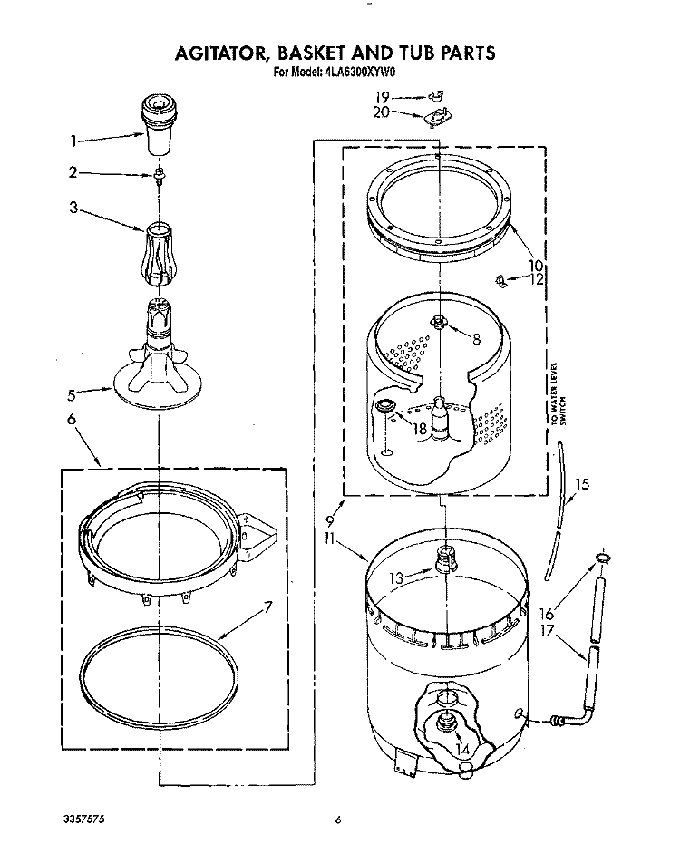 AGITATOR, BASKET AND TUB Diagram and Parts List for 4LA6300XYN0  Whirlpool Washer