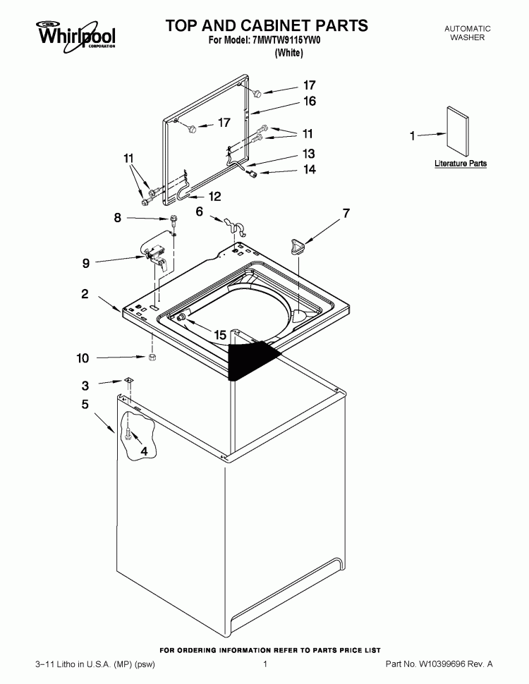 TOP AND CABINET PARTS Diagram and Parts List for 7MWTW9115YW0  Whirlpool Washer