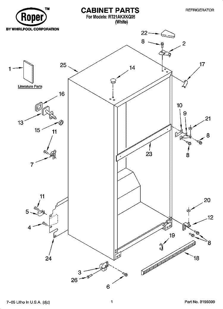 CABINET PARTS Diagram and Parts List for RT21AKXKQ05  Whirlpool Refrigerator