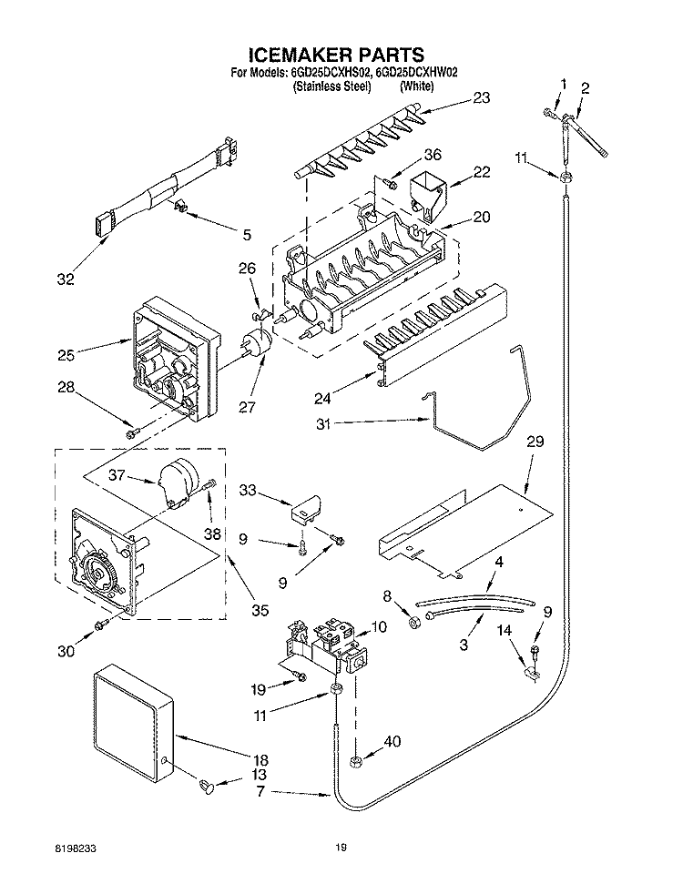 ICE MAKER, OPTIONAL Diagram and Parts List for 6GD25DCXHW02  Whirlpool Refrigerator
