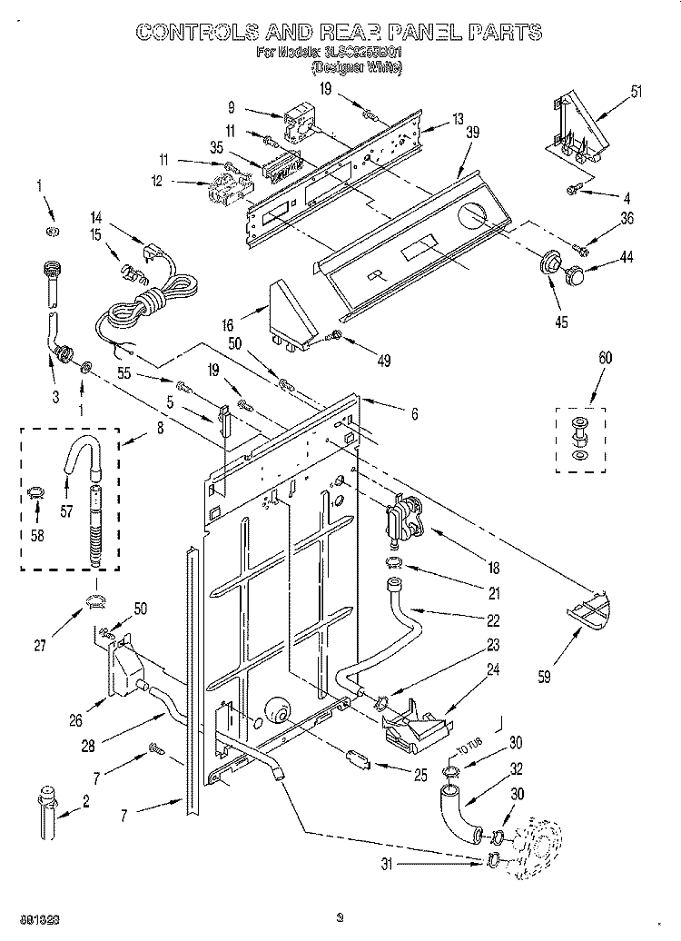 CONTROLS AND REAR PANEL Diagram and Parts List for 3LSC9255BQ1  Whirlpool Washer