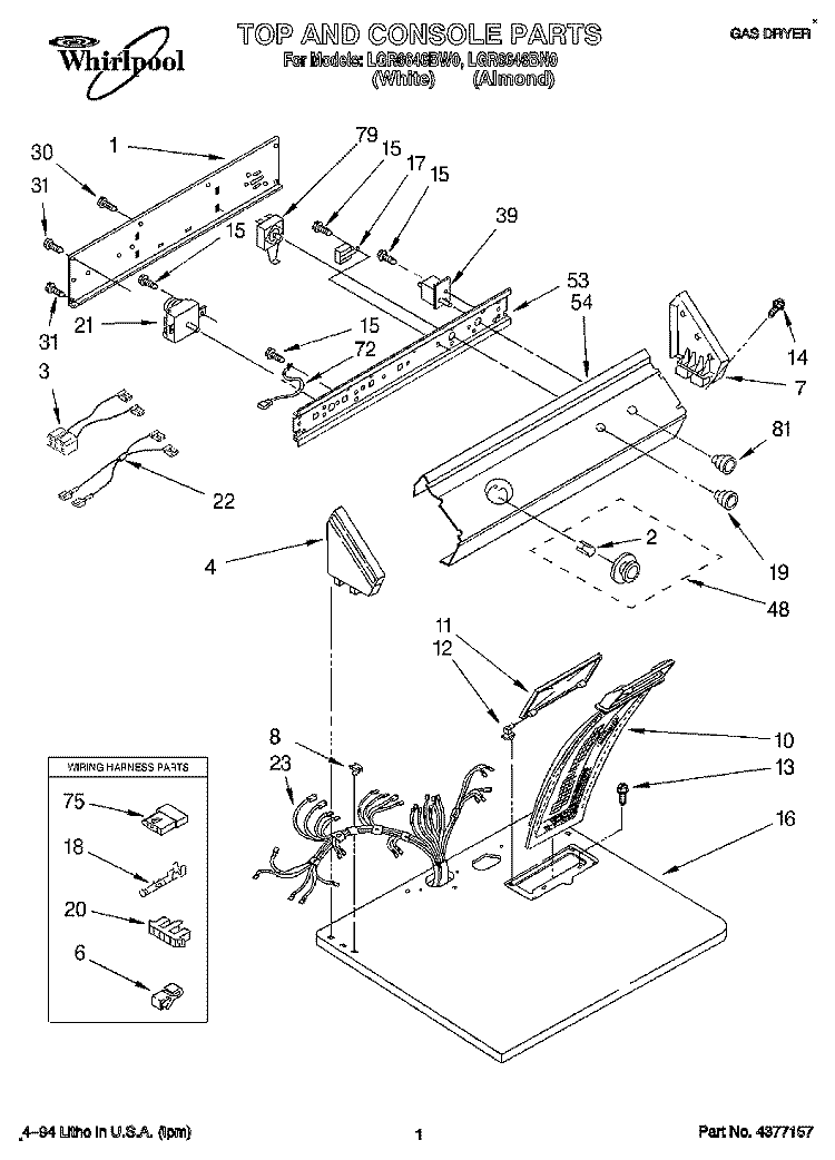 TOP AND CONSOLE, LIT/OPTIONAL Diagram and Parts List for LGR6646BW0  Whirlpool Dryer