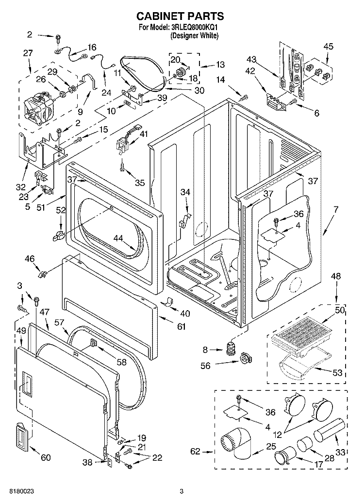 CABINET PARTS Diagram and Parts List for 3RLEQ8000KQ1  Whirlpool Dryer