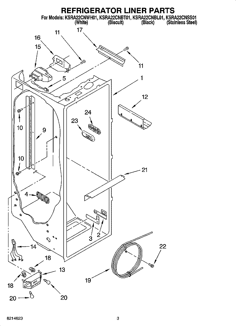 REFRIGERATOR LINER PARTS Diagram and Parts List for KSRA22CNBT01  KitchenAid Refrigerator