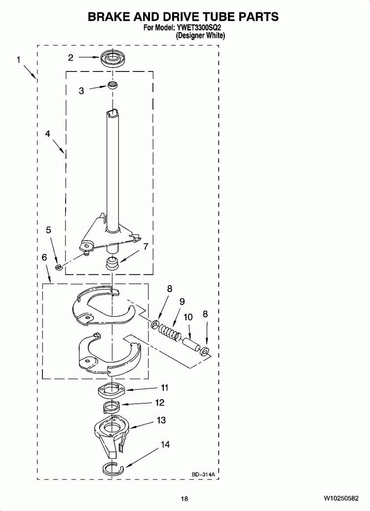 BRAKE AND DRIVE TUBE PARTS Diagram and Parts List for YWET3300SQ2  Whirlpool Washer Dryer Combo