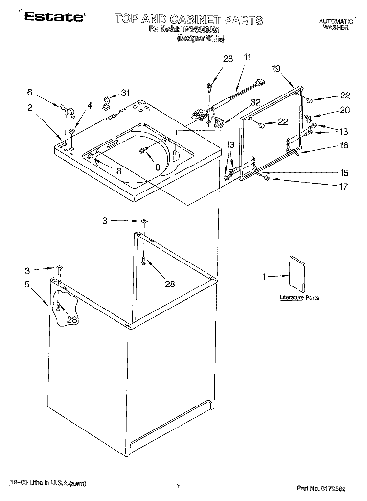 TOP AND CABINET, LITERATURE Diagram and Parts List for TAWS800JQ1  Estate Washer