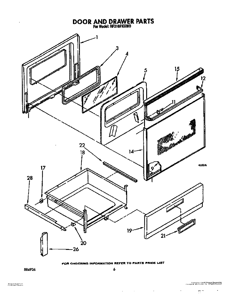 DOOR AND DRAWER Diagram and Parts List for RF310PXXW0  Whirlpool Range