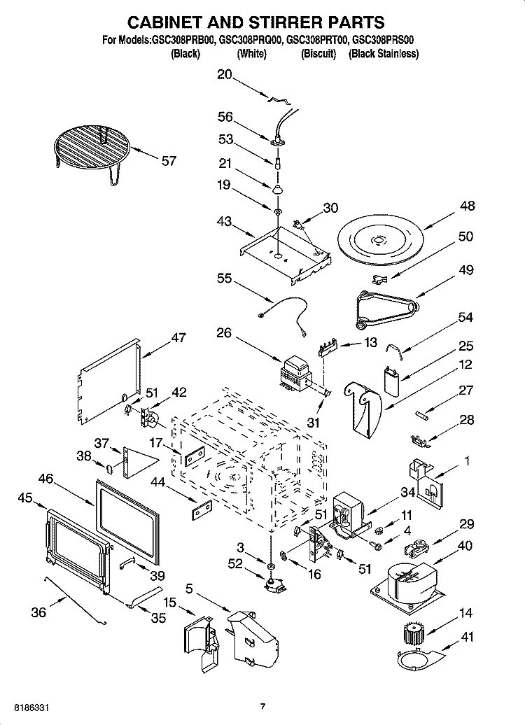 CABINET AND STIRRER PARTS Diagram and Parts List for GSC308PRS00  Whirlpool Microwave Oven Combo