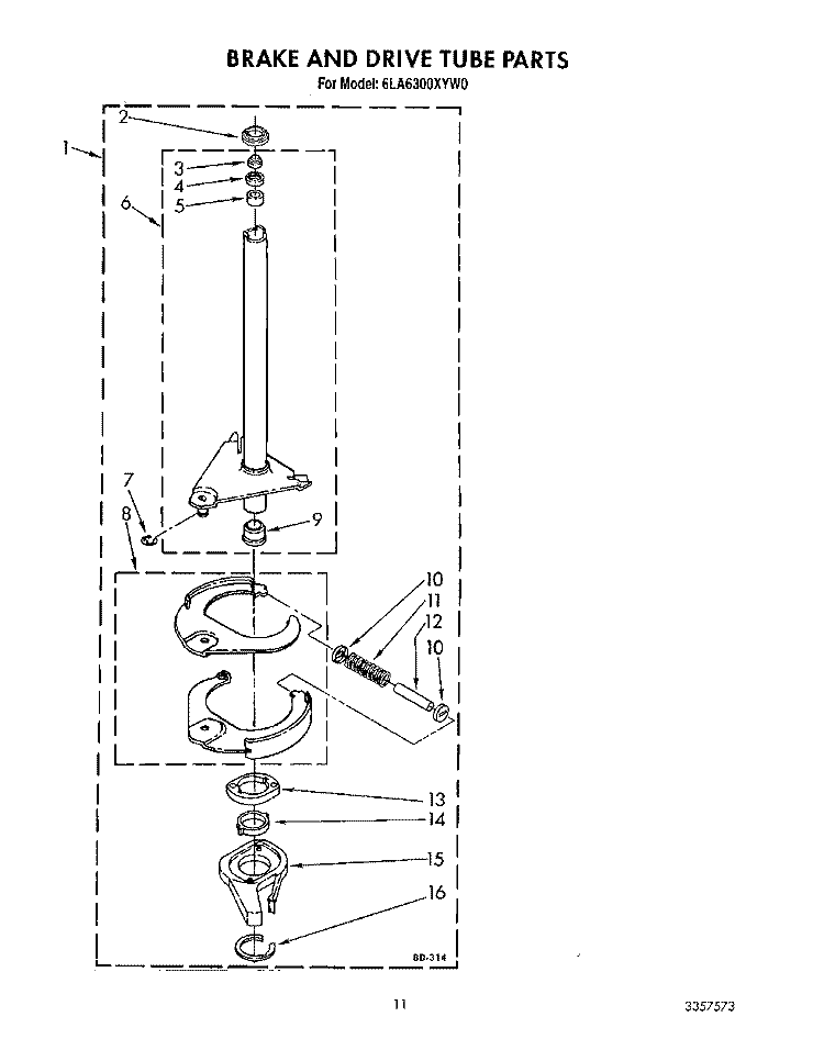 BRAKE AND DRIVE TUBE Diagram and Parts List for 6LA6300XYW0  Whirlpool Washer