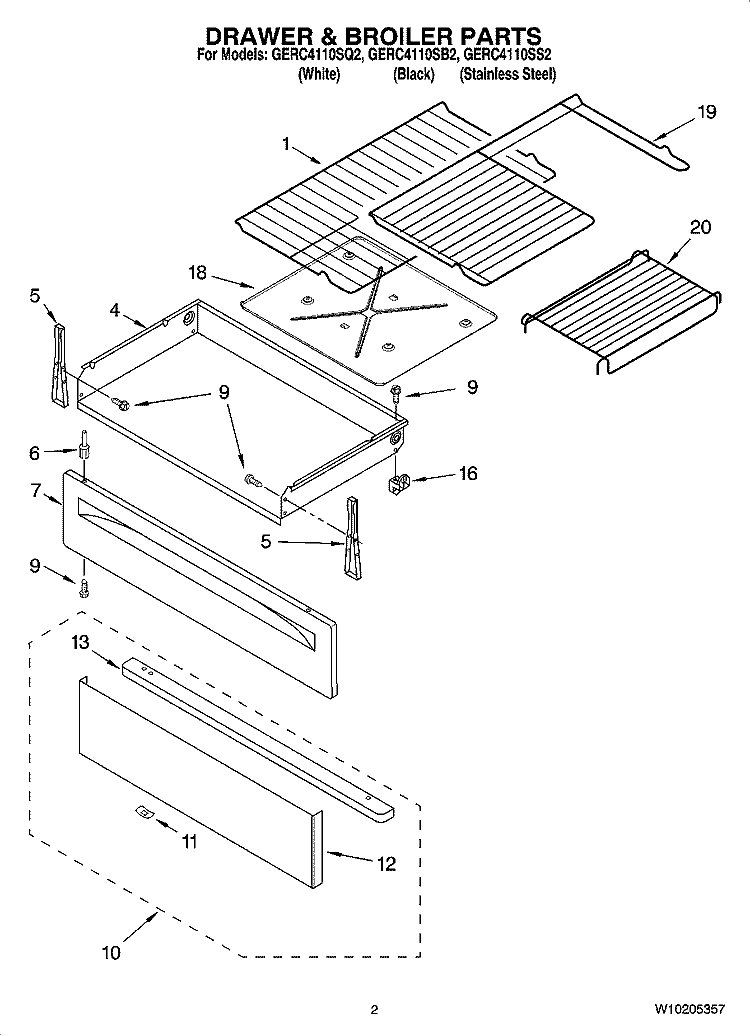DRAWER & BROILER PARTS Diagram and Parts List for GERC4110SQ2  Whirlpool Range