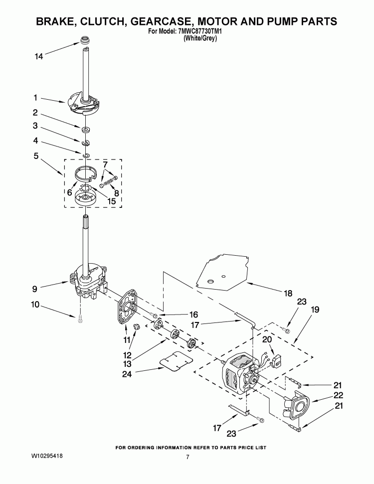 BRAKE, CLUTCH, GEARCASE, MOTOR AND PUMP PARTS Diagram and Parts List for 7MWC87730TM1  Whirlpool Washer