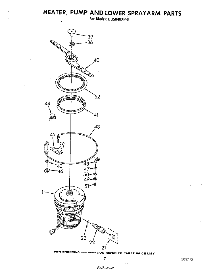 HEATER, PUMP AND LOWER SPRAYARM Diagram and Parts List for DU5040XP0  Whirlpool Dishwasher