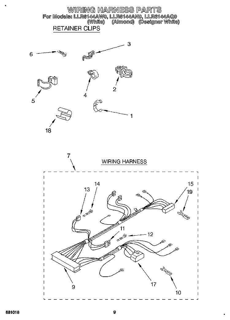 WIRING HARNESS Diagram and Parts List for LLR6144AN0  Whirlpool Washer