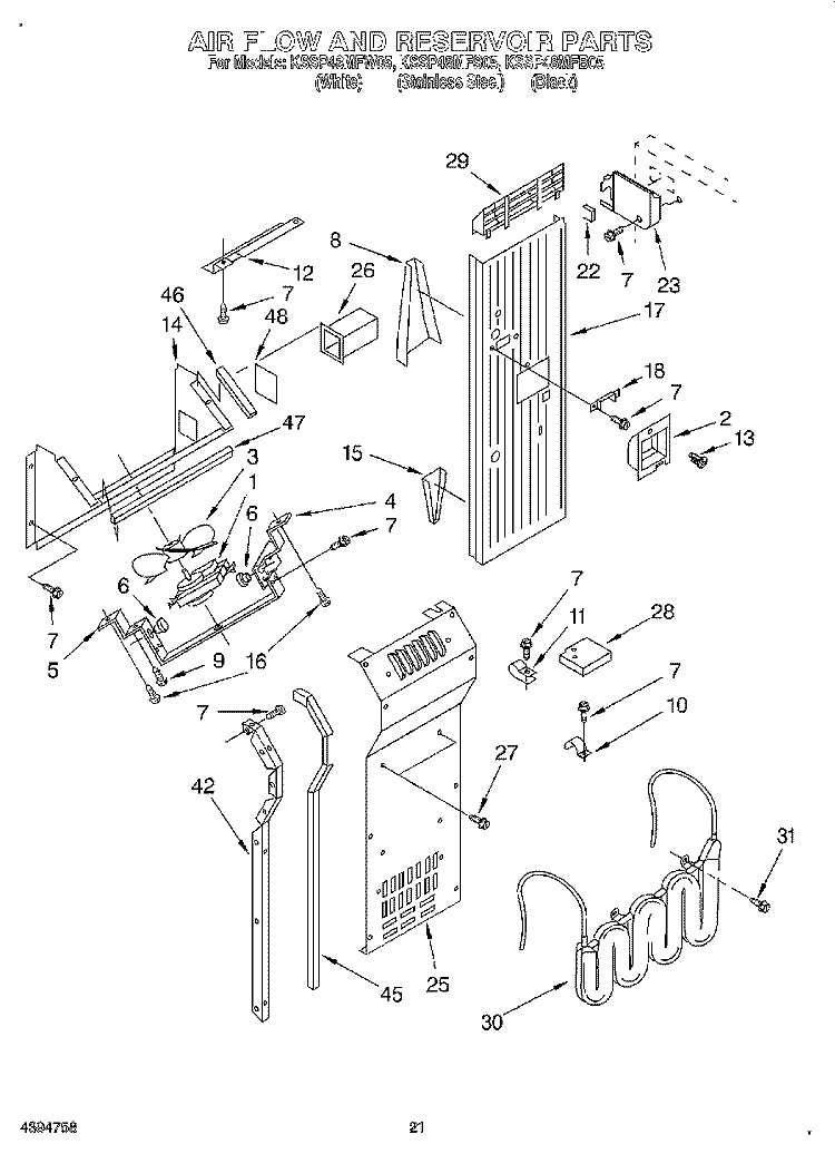 AIRFLOW AND RESERVOIR Diagram and Parts List for KSSP48MFB05  KitchenAid Refrigerator