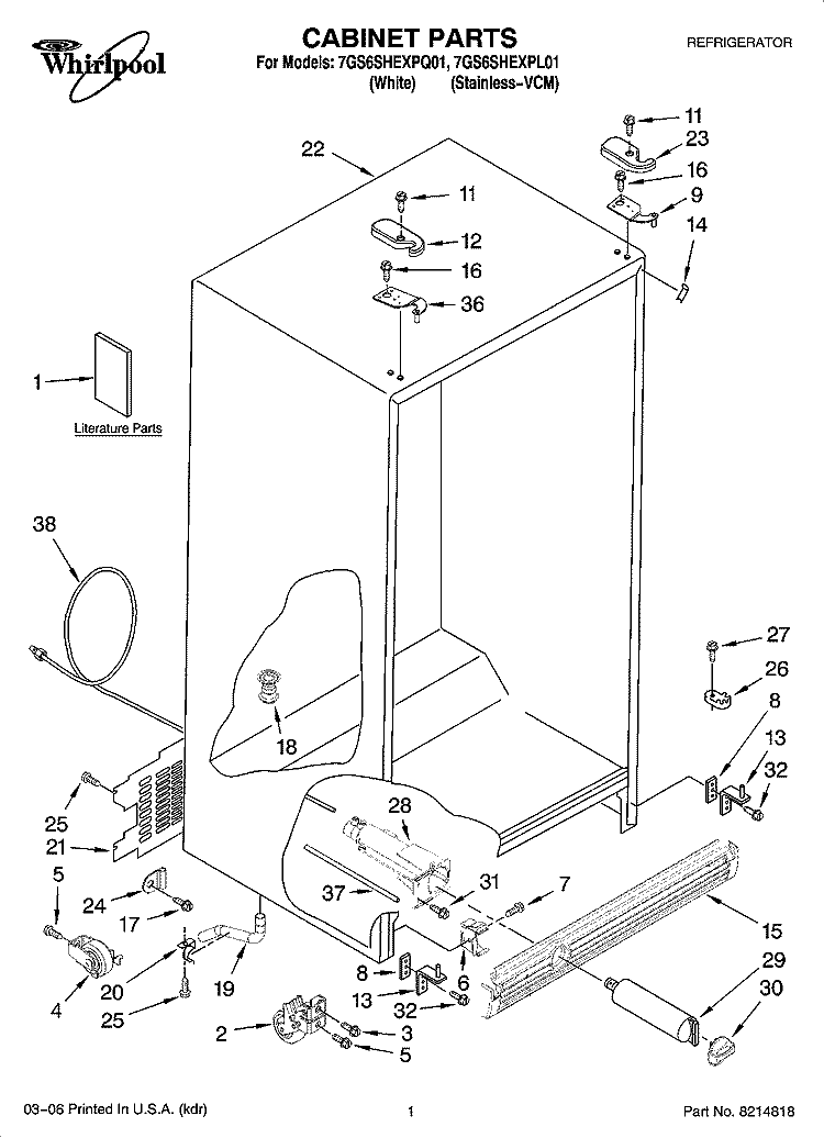 CABINET PARTS Diagram and Parts List for 7GS6SHEXPL01  Whirlpool Refrigerator
