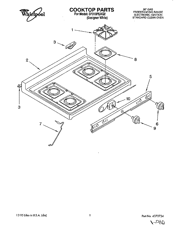 COOKTOP Diagram and Parts List for SF310PEAQ2  Whirlpool Range