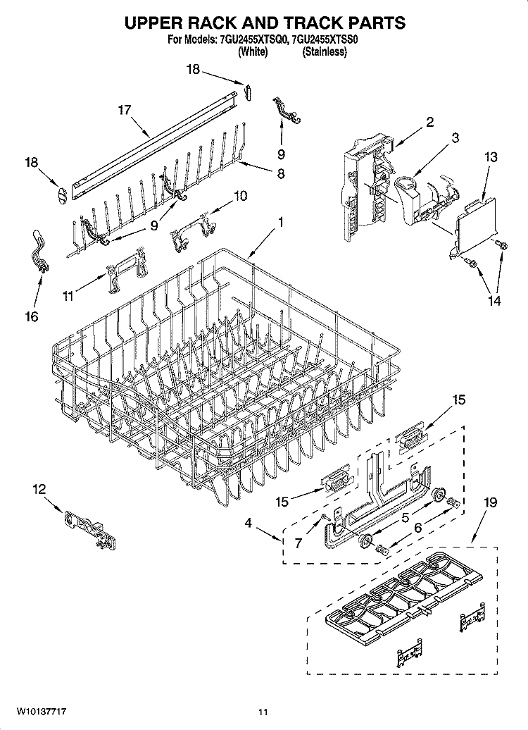 UPPER RACK AND TRACK PARTS Diagram and Parts List for 7GU2455XTSQ0  Whirlpool Dishwasher