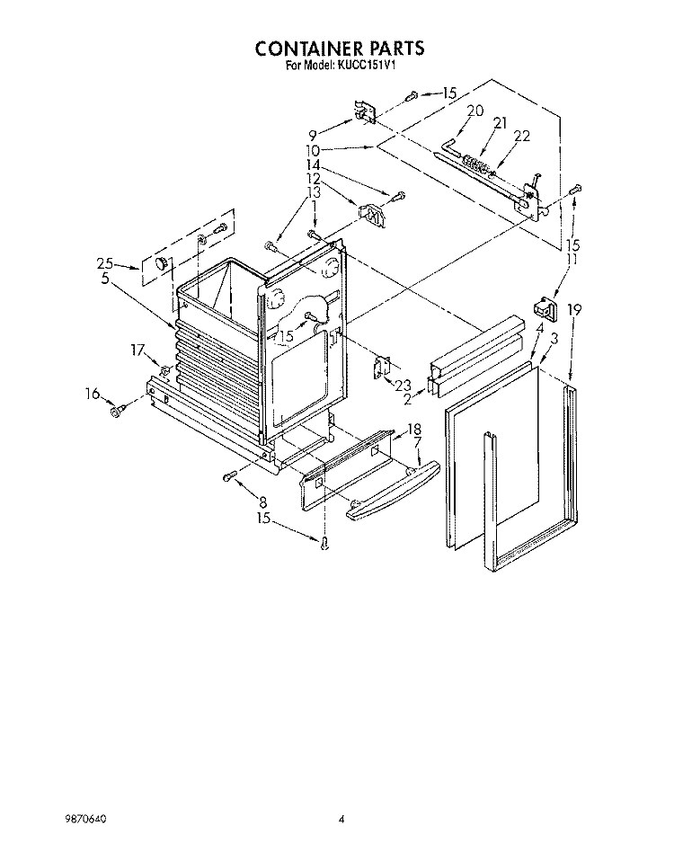 CONTAINER Diagram and Parts List for KUCC151V1  KitchenAid Trash Compactor