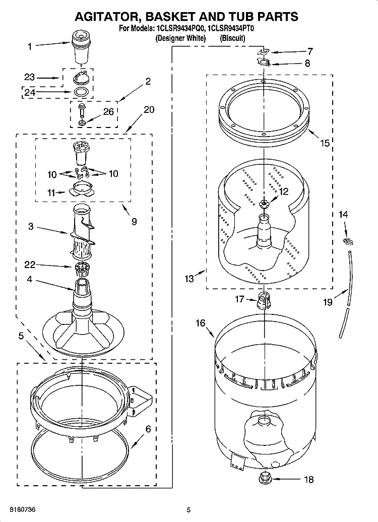 AGITATOR, BASKET AND TUB PARTS Diagram and Parts List for 1CLSR9434PT0  Whirlpool Washer