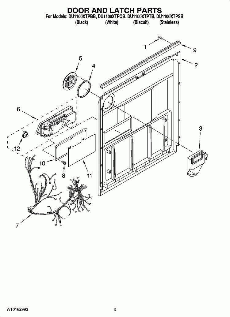 DOOR AND LATCH PARTS Diagram and Parts List for DU1100XTPBB  Whirlpool Dishwasher