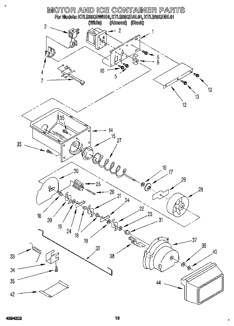 MOTOR AND ICE CONTAINER Diagram and Parts List for KTLS25QDWH01  KitchenAid Refrigerator