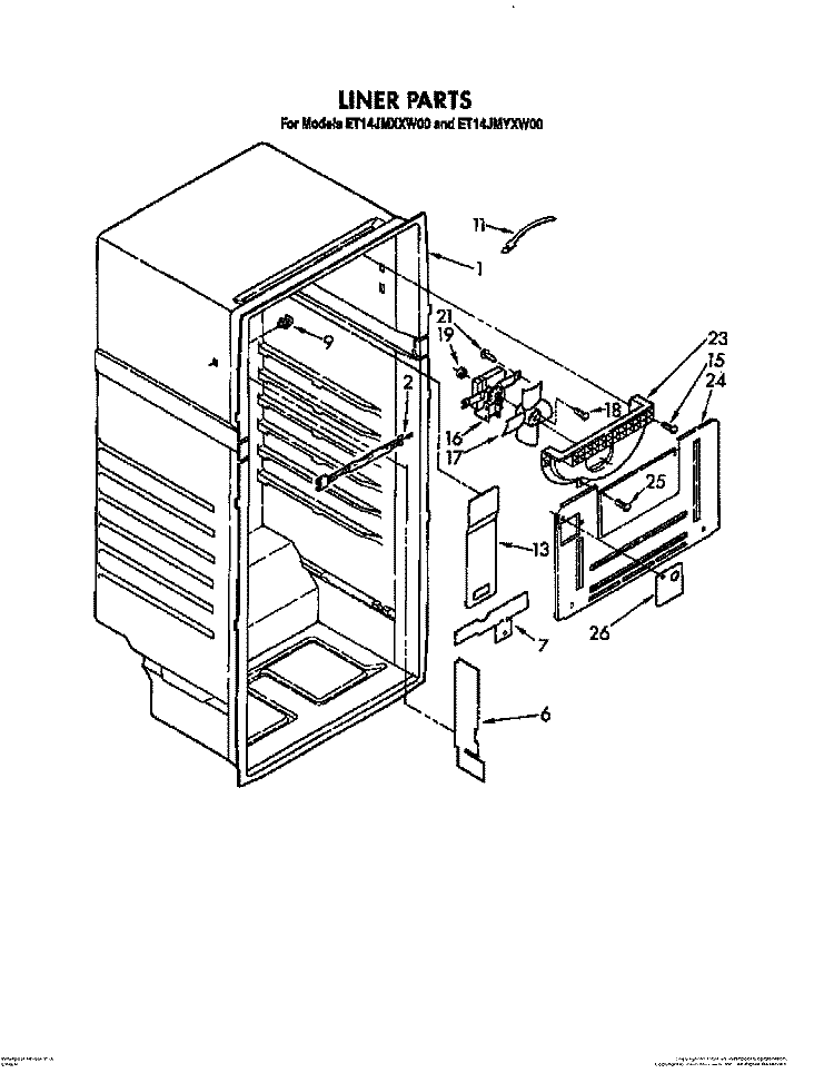 LINER Diagram and Parts List for ET14JMXXW00  Whirlpool Refrigerator