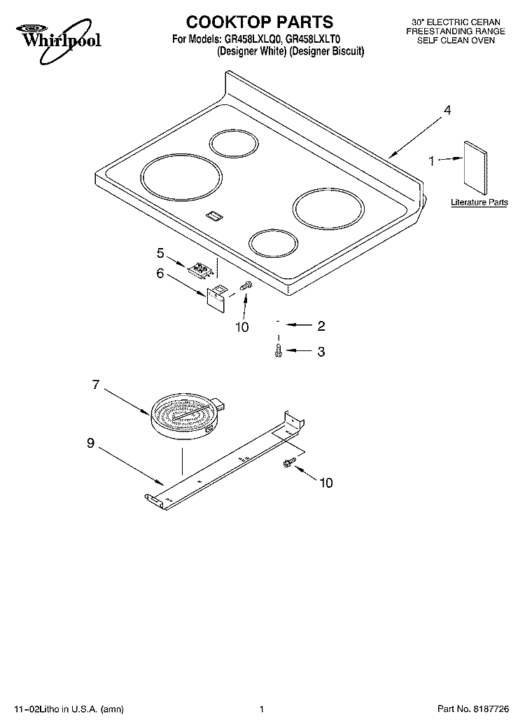 COOKTOP, LITERATURE Diagram and Parts List for GR458LXLT0  Whirlpool Range