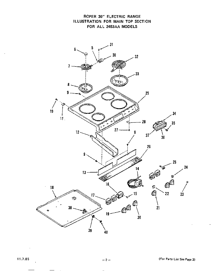 MAIN TOP Diagram and Parts List for 2453WAA  Roper Range