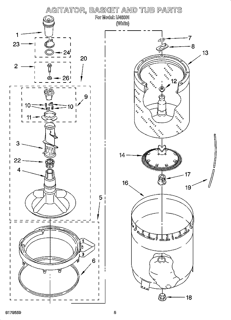 AGITATOR, BASKET AND TUB PARTS Diagram and Parts List for IJ46001  Inglis Washer