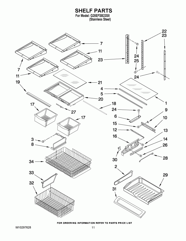 SHELF PARTS Diagram and Parts List for G25EFSB23S5  Whirlpool Refrigerator
