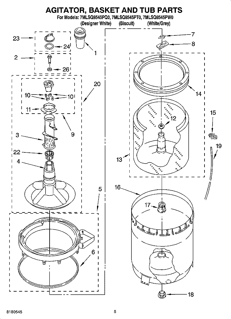 AGITATOR, BASKET AND TUB PARTS Diagram and Parts List for 7MLSQ8545PT0  Whirlpool Washer