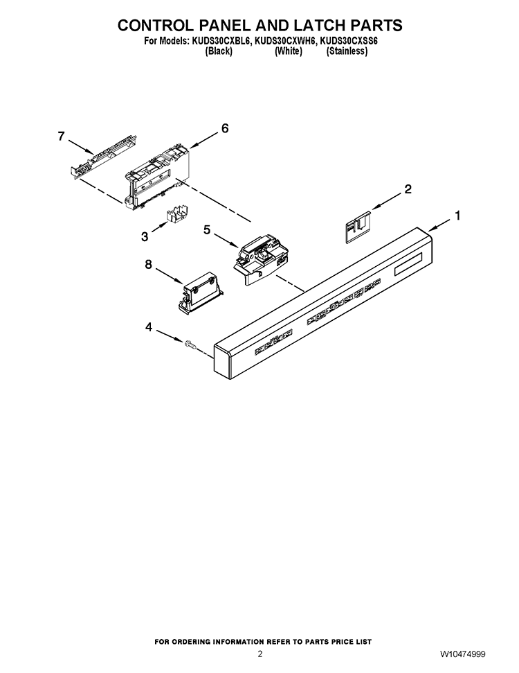 CONTROL PANEL AND LATCH PARTS Diagram and Parts List for KUDS30CXBL6  KitchenAid Dishwasher