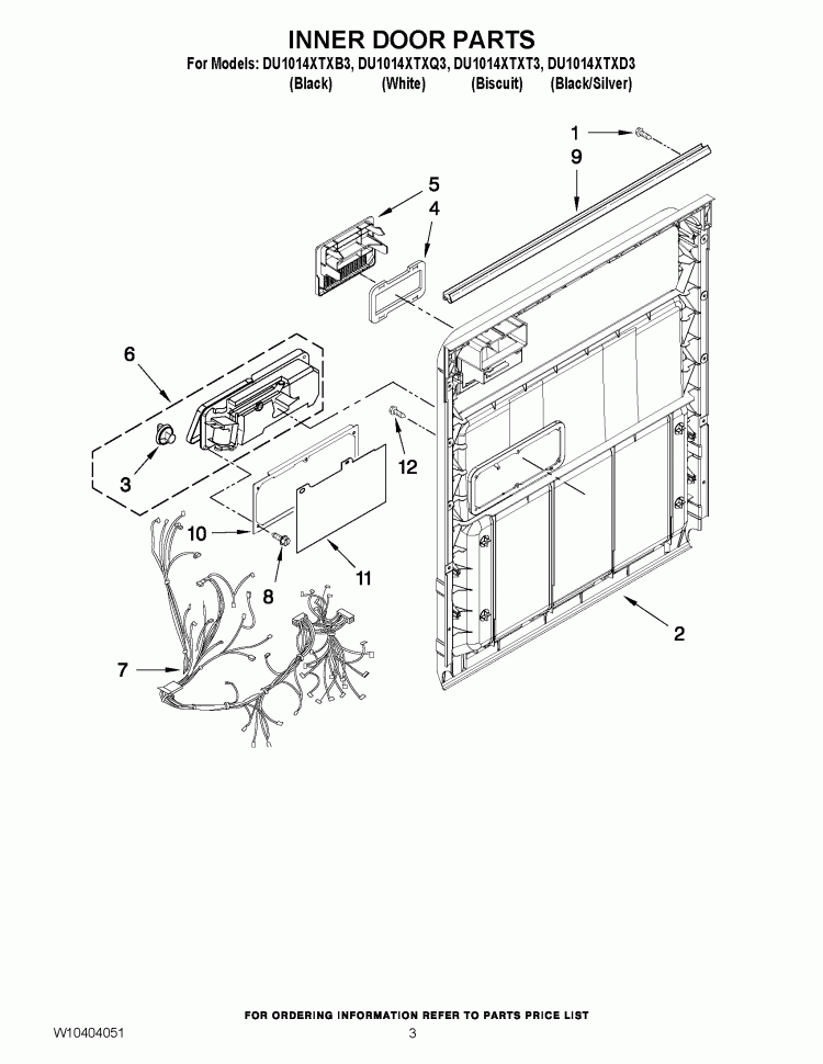 INNER DOOR PARTS Diagram and Parts List for DU1014XTXQ3  Whirlpool Dishwasher