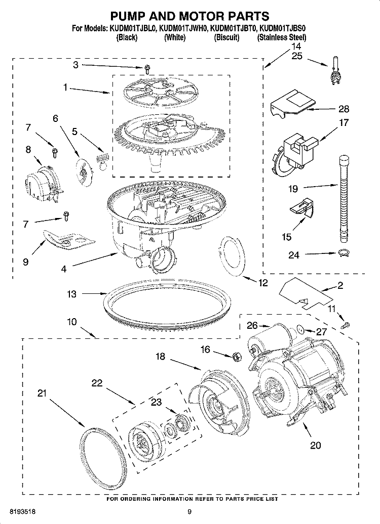 PUMP AND MOTOR PARTS Diagram and Parts List for KUDM01TJWH0  KitchenAid Dishwasher